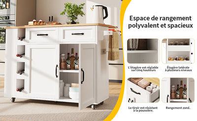 Îlot de Cuisine Mobile Blanc et Naturel avec Plateau Rabattable, Rangement et Prises Électriques NICELS