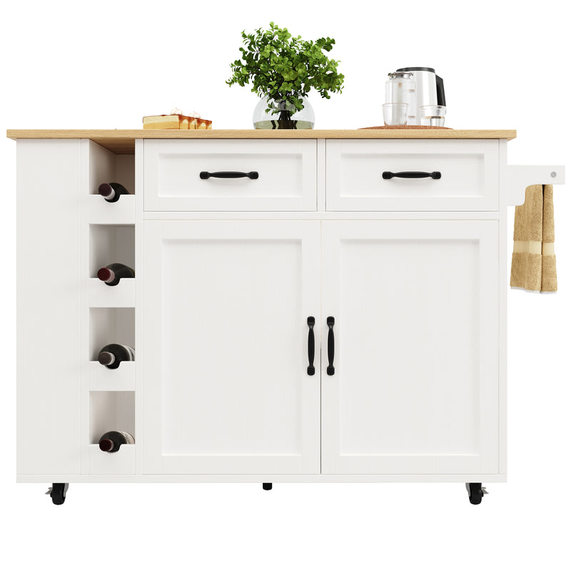 Îlot de Cuisine Mobile Blanc et Naturel avec Plateau Rabattable, Rangement et Prises Électriques NICELS