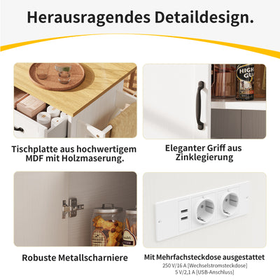 Îlot de Cuisine Mobile Blanc et Naturel avec Plateau Rabattable, Rangement et Prises Électriques NICELS