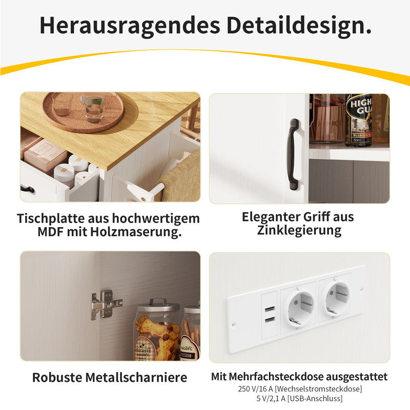 Îlot de Cuisine Mobile Blanc et Naturel avec Plateau Rabattable, Rangement et Prises Électriques NICELS