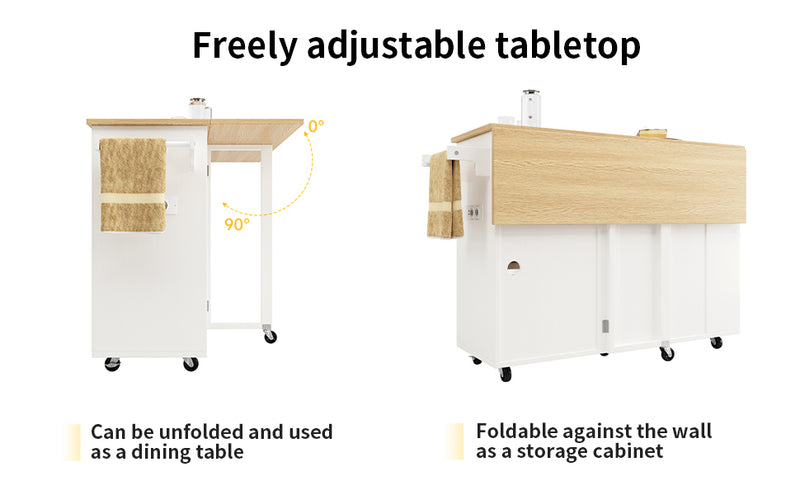 Îlot de Cuisine Mobile Blanc et Naturel avec Plateau Rabattable, Rangement et Prises Électriques NICELS