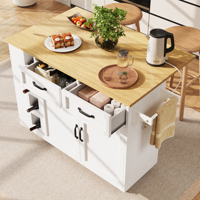 Îlot de Cuisine Mobile Blanc et Naturel avec Plateau Rabattable, Rangement et Prises Électriques NICELS