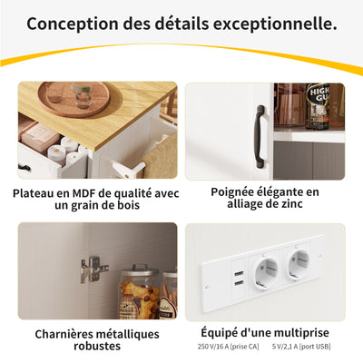 Îlot de Cuisine Mobile Blanc et Naturel avec Plateau Rabattable, Rangement et Prises Électriques NICELS