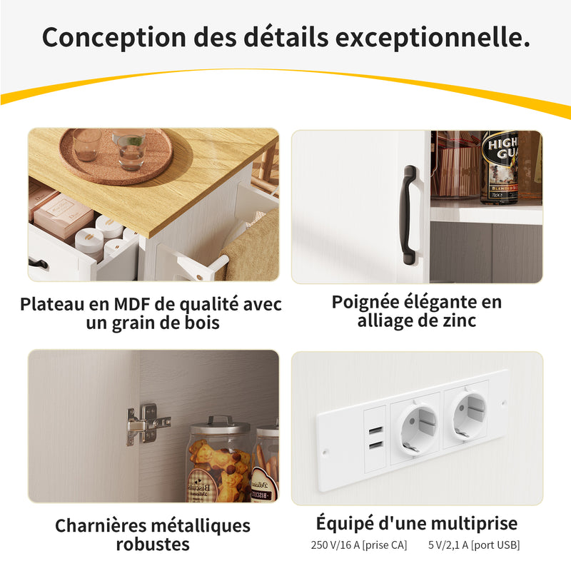 Îlot de Cuisine Mobile Blanc et Naturel avec Plateau Rabattable, Rangement et Prises Électriques NICELS