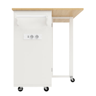 Îlot de Cuisine Mobile Blanc et Naturel avec Plateau Rabattable, Rangement et Prises Électriques NICELS