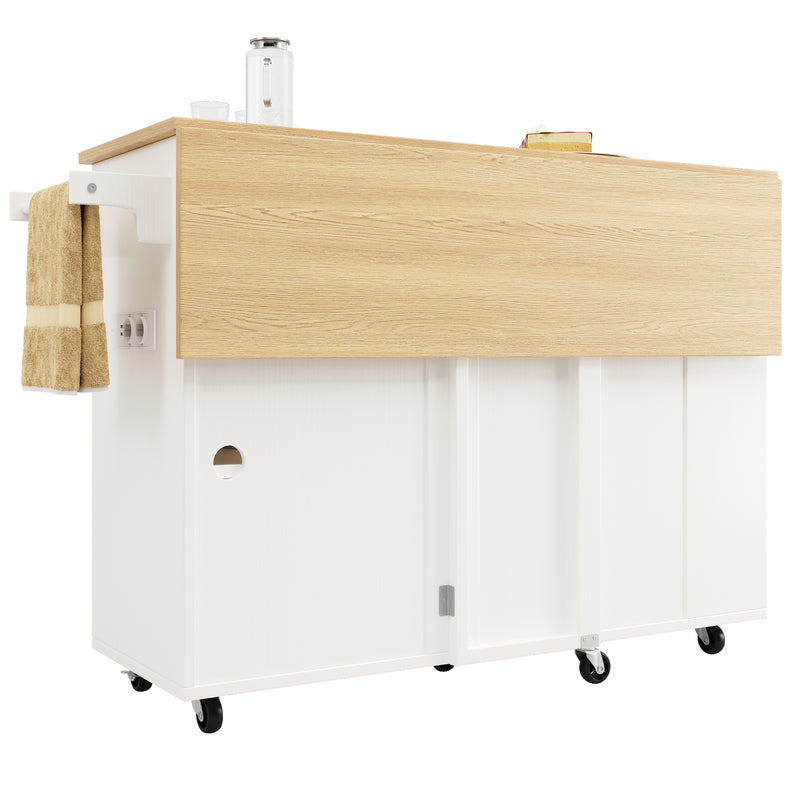 Îlot de Cuisine Mobile Blanc et Naturel avec Plateau Rabattable, Rangement et Prises Électriques NICELS