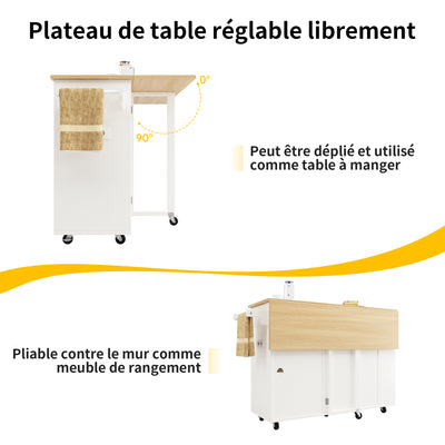 Îlot de Cuisine Mobile Blanc et Naturel avec Plateau Rabattable, Rangement et Prises Électriques NICELS