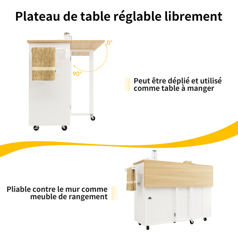 Îlot de Cuisine Mobile Blanc et Naturel avec Plateau Rabattable, Rangement et Prises Électriques NICELS