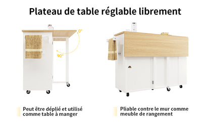 Îlot de Cuisine Mobile Blanc et Naturel avec Plateau Rabattable, Rangement et Prises Électriques NICELS
