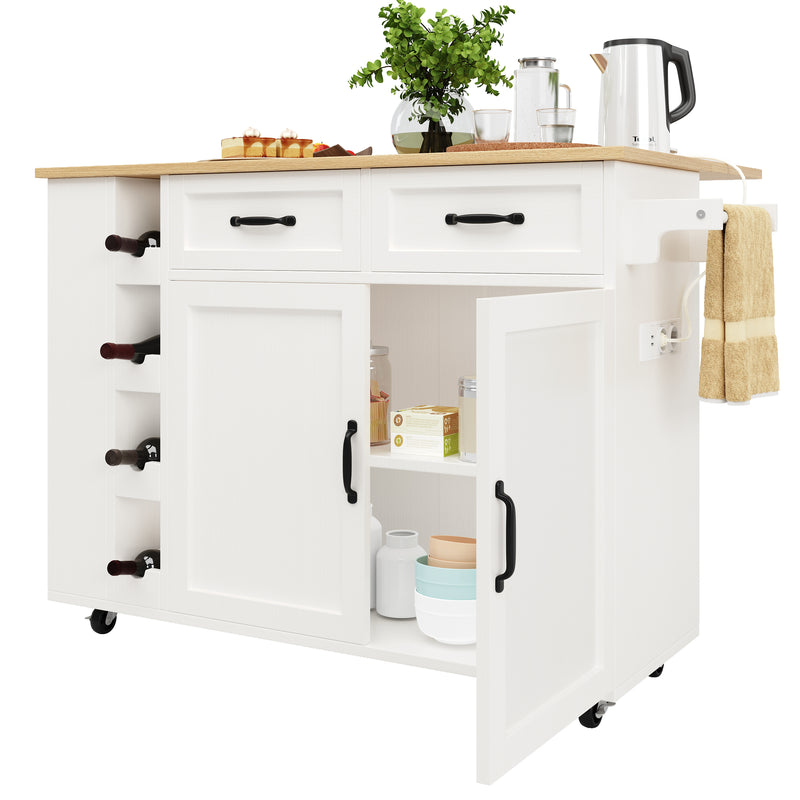 Îlot de Cuisine Mobile Blanc et Naturel avec Plateau Rabattable, Rangement et Prises Électriques NICELS