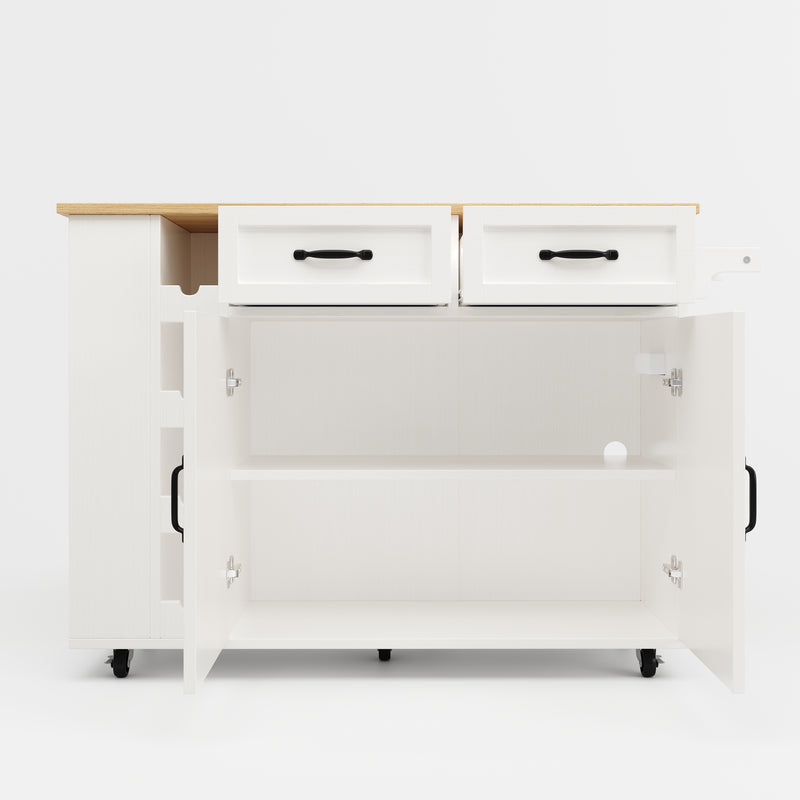 Îlot de Cuisine Mobile Blanc et Naturel avec Plateau Rabattable, Rangement et Prises Électriques NICELS