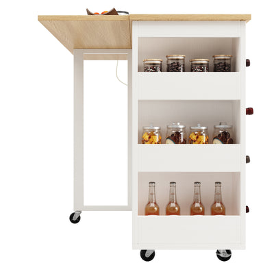 Îlot de Cuisine Mobile Blanc et Naturel avec Plateau Rabattable, Rangement et Prises Électriques NICELS