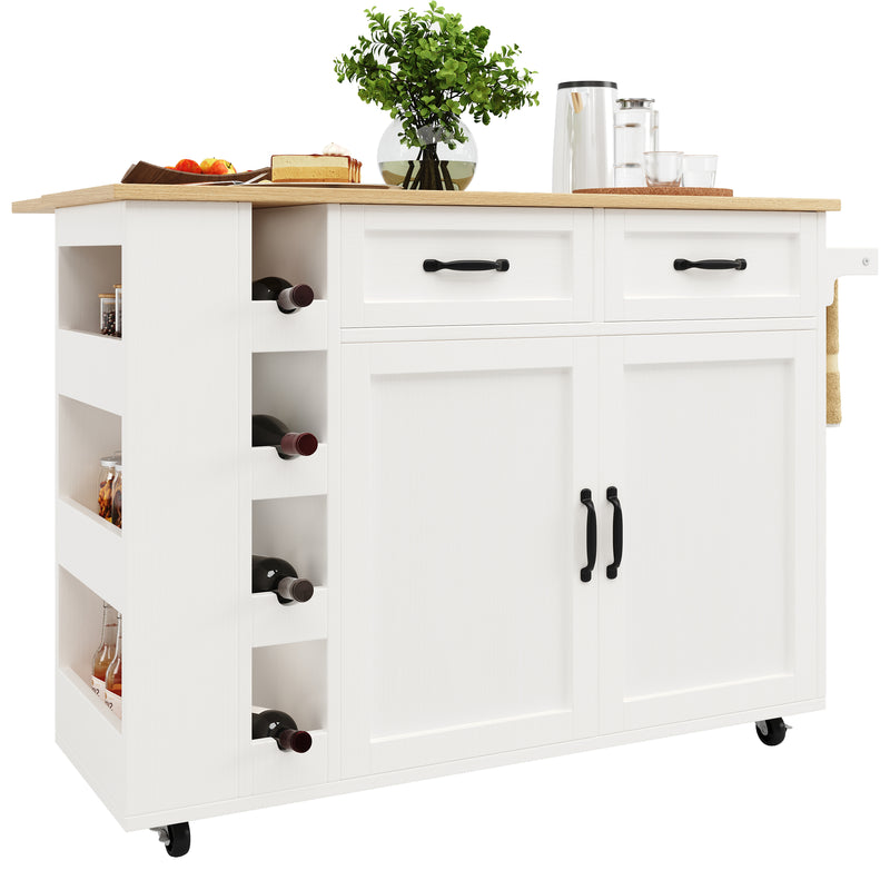Îlot de Cuisine Mobile Blanc et Naturel avec Plateau Rabattable, Rangement et Prises Électriques NICELS