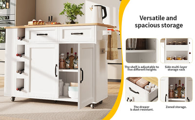 Îlot de Cuisine Mobile Blanc et Naturel avec Plateau Rabattable, Rangement et Prises Électriques NICELS