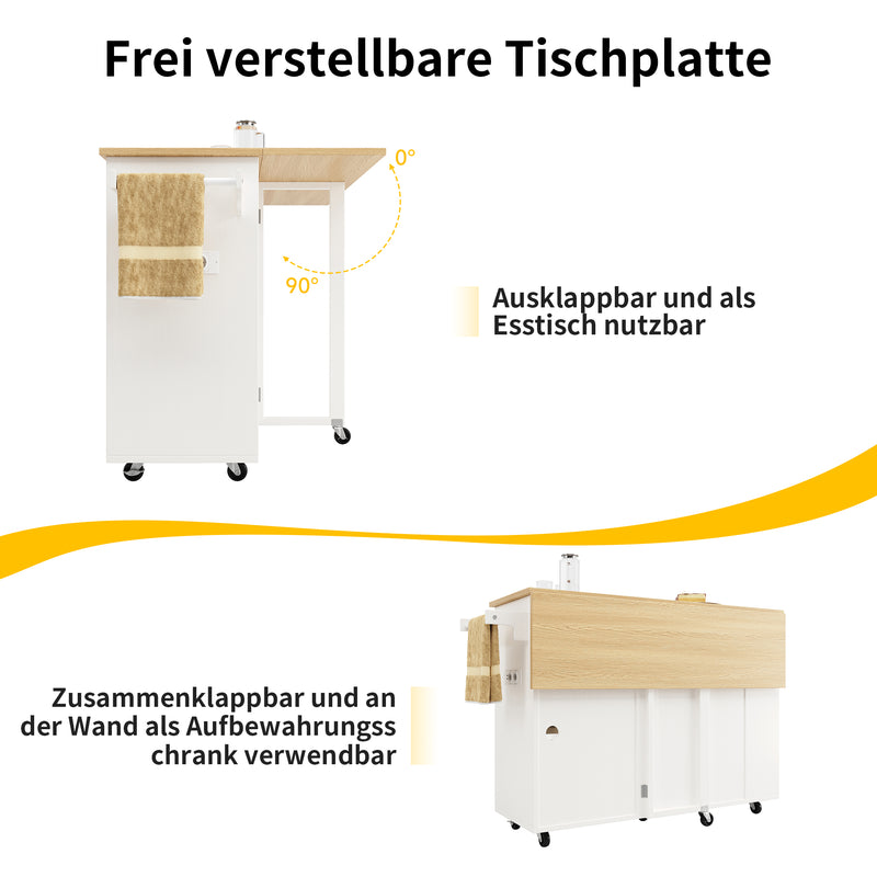 Îlot de Cuisine Mobile Blanc et Naturel avec Plateau Rabattable, Rangement et Prises Électriques NICELS
