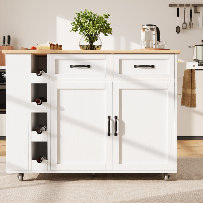 Îlot de Cuisine Mobile Blanc et Naturel avec Plateau Rabattable, Rangement et Prises Électriques NICELS