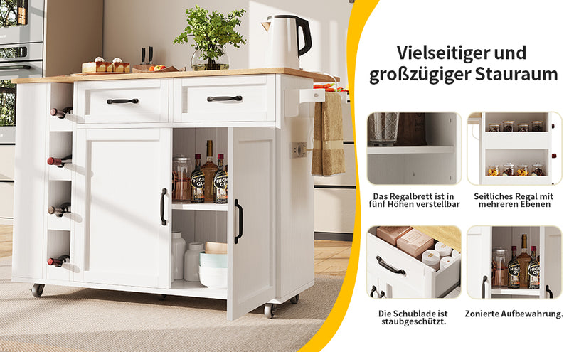 Îlot de Cuisine Mobile Blanc et Naturel avec Plateau Rabattable, Rangement et Prises Électriques NICELS