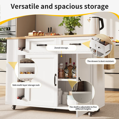 Îlot de Cuisine Mobile Blanc et Naturel avec Plateau Rabattable, Rangement et Prises Électriques NICELS