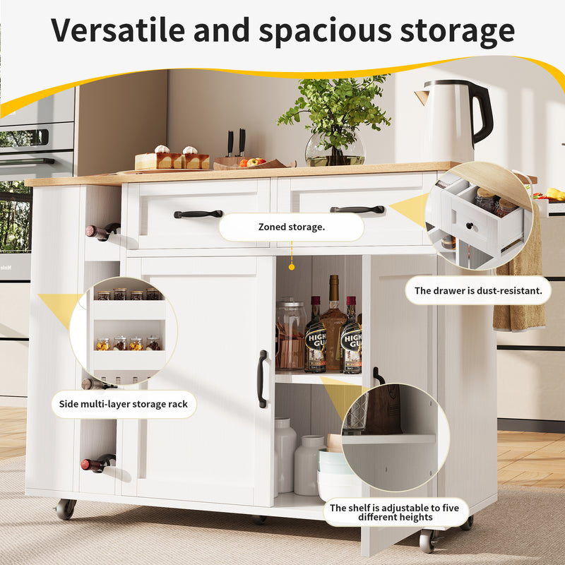 Îlot de Cuisine Mobile Blanc et Naturel avec Plateau Rabattable, Rangement et Prises Électriques NICELS