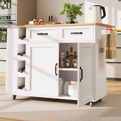 Îlot de Cuisine Mobile Blanc et Naturel avec Plateau Rabattable, Rangement et Prises Électriques NICELS