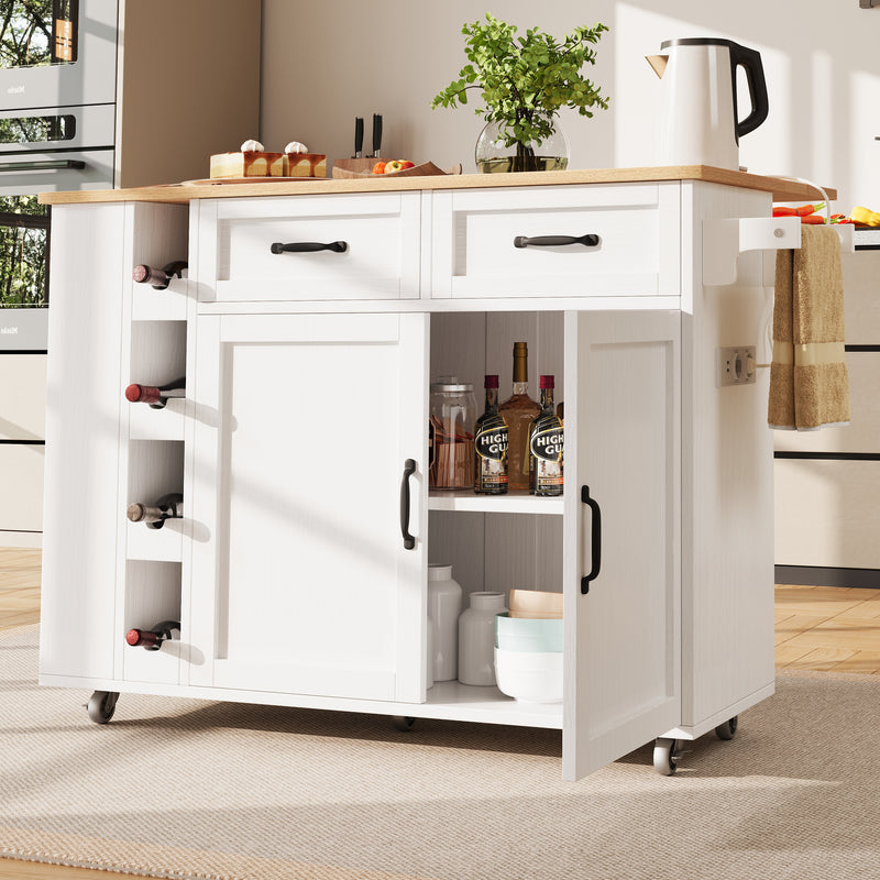 Îlot de Cuisine Mobile Blanc et Naturel avec Plateau Rabattable, Rangement et Prises Électriques NICELS