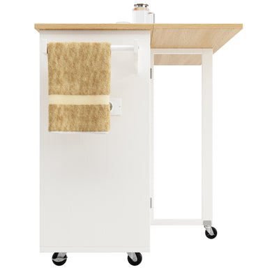 Îlot de Cuisine Mobile Blanc et Naturel avec Plateau Rabattable, Rangement et Prises Électriques NICELS