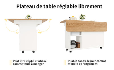 Îlot de Cuisine Mobile Extensible Blanc et Gris Argenté avec Plateau Rabattable et Rangement Vitré NUQNOIDS