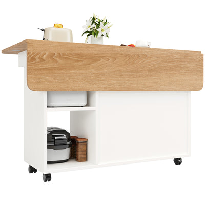 Îlot de Cuisine Mobile Extensible Blanc et Gris Argenté avec Plateau Rabattable et Rangement Vitré NUQNOIDS