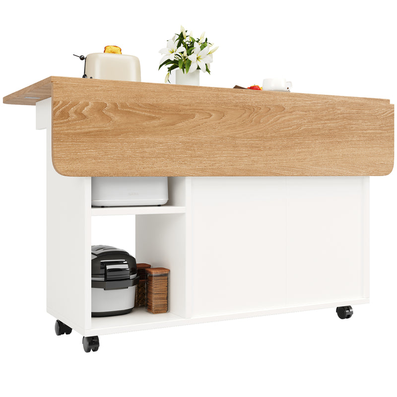 Îlot de Cuisine Mobile Extensible Blanc et Gris Argenté avec Plateau Rabattable et Rangement Vitré NUQNOIDS