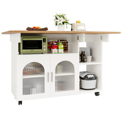 Îlot de Cuisine Mobile Extensible Blanc et Gris Argenté avec Plateau Rabattable et Rangement Vitré NUQNOIDS