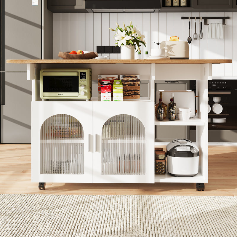Îlot de Cuisine Mobile Extensible Blanc et Gris Argenté avec Plateau Rabattable et Rangement Vitré NUQNOIDS