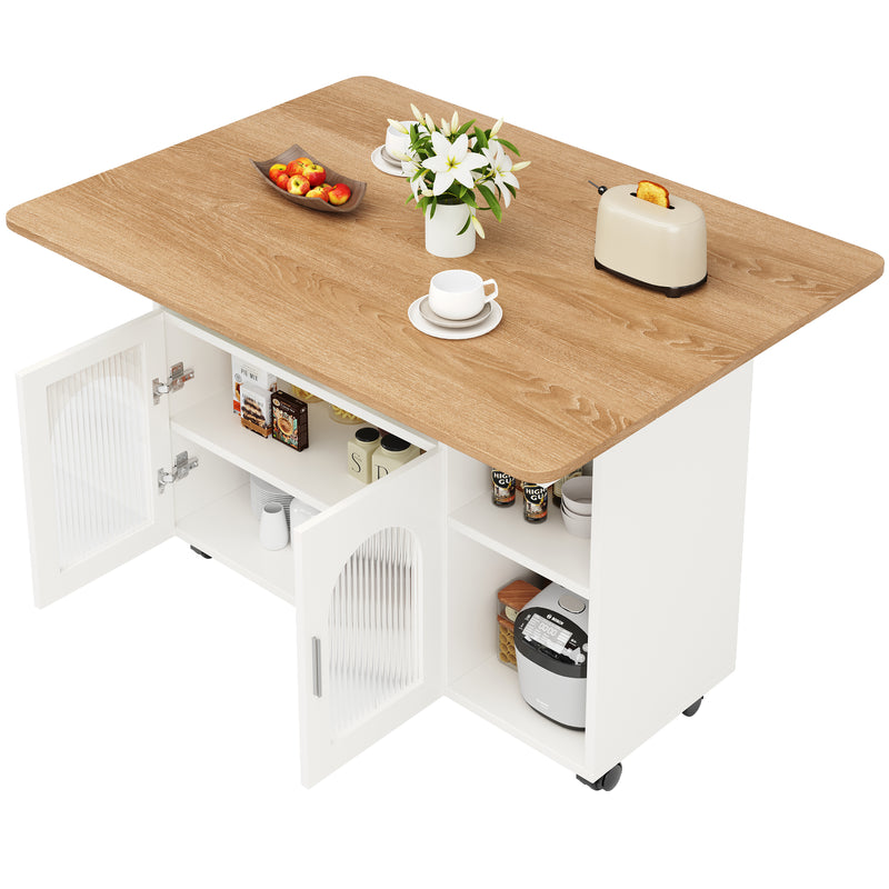 Îlot de Cuisine Mobile Extensible Blanc et Gris Argenté avec Plateau Rabattable et Rangement Vitré NUQNOIDS