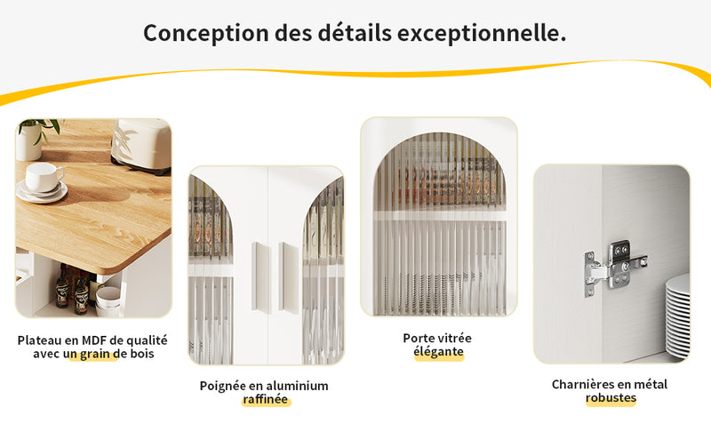 Îlot de Cuisine Mobile Extensible Blanc et Gris Argenté avec Plateau Rabattable et Rangement Vitré NUQNOIDS