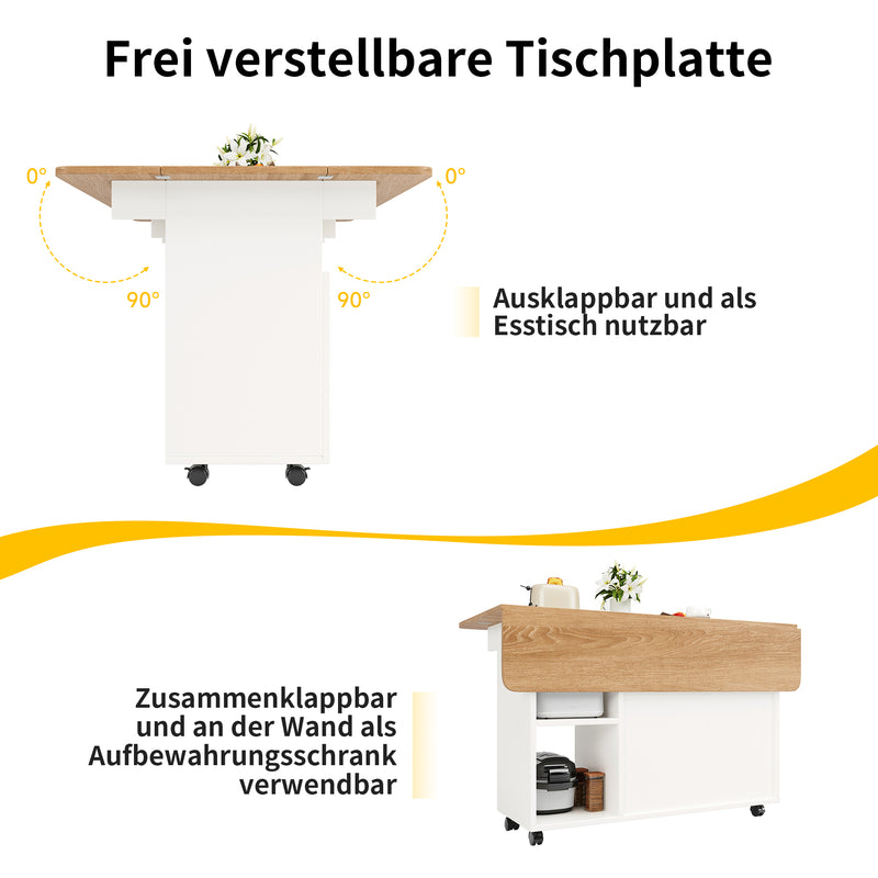 Îlot de Cuisine Mobile Extensible Blanc et Gris Argenté avec Plateau Rabattable et Rangement Vitré NUQNOIDS