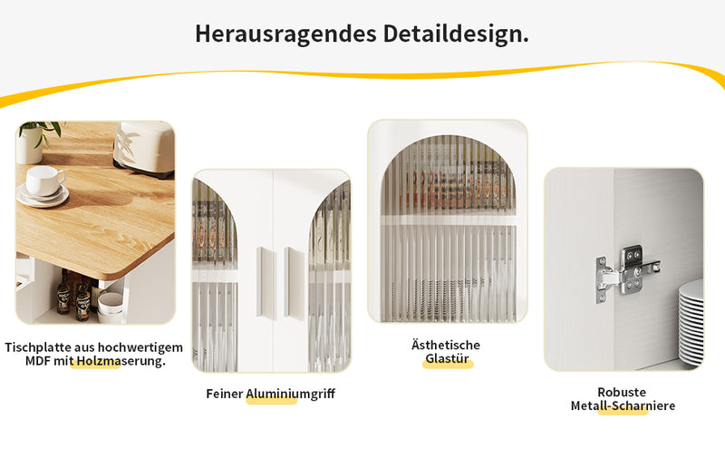 Îlot de Cuisine Mobile Extensible Blanc et Gris Argenté avec Plateau Rabattable et Rangement Vitré NUQNOIDS