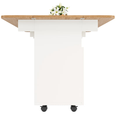 Îlot de Cuisine Mobile Extensible Blanc et Gris Argenté avec Plateau Rabattable et Rangement Vitré NUQNOIDS