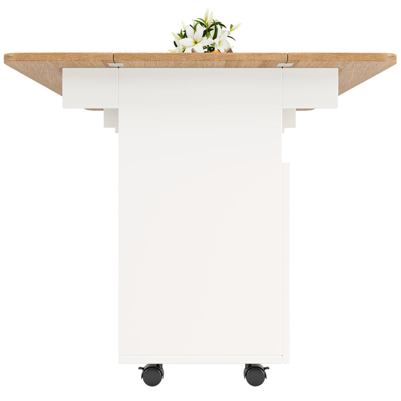 Îlot de Cuisine Mobile Extensible Blanc et Gris Argenté avec Plateau Rabattable et Rangement Vitré NUQNOIDS