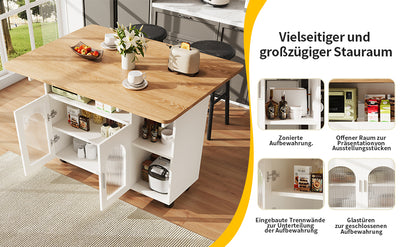 Îlot de Cuisine Mobile Extensible Blanc et Gris Argenté avec Plateau Rabattable et Rangement Vitré NUQNOIDS