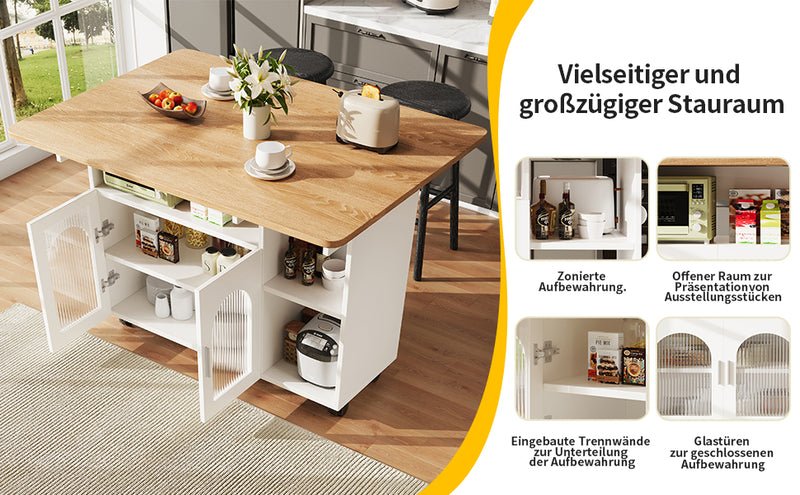 Îlot de Cuisine Mobile Extensible Blanc et Gris Argenté avec Plateau Rabattable et Rangement Vitré NUQNOIDS