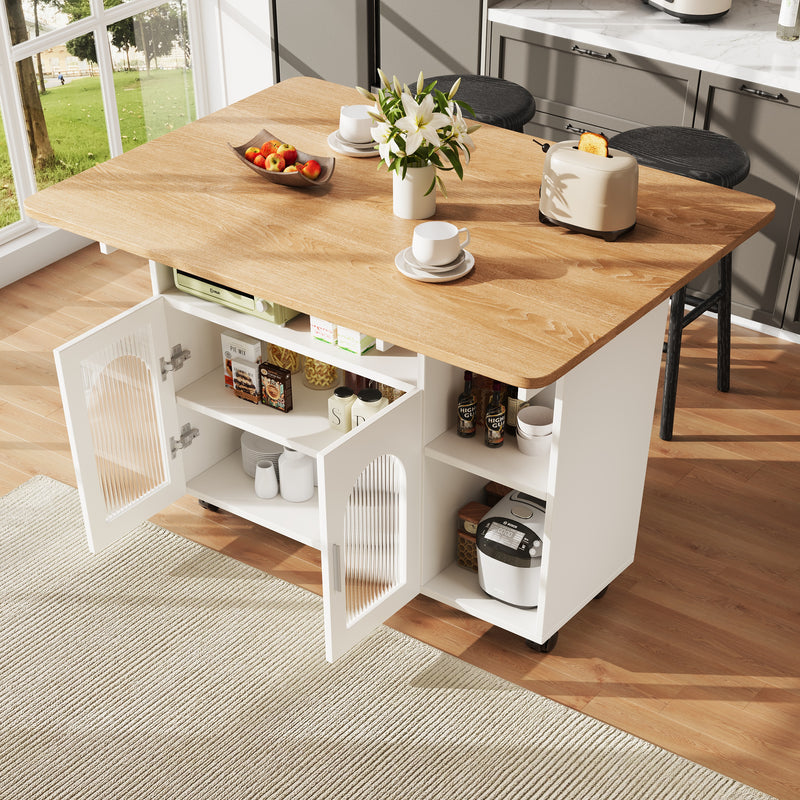 Îlot de Cuisine Mobile Extensible Blanc et Gris Argenté avec Plateau Rabattable et Rangement Vitré NUQNOIDS
