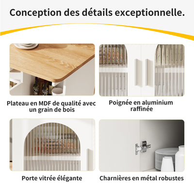 Îlot de Cuisine Mobile Extensible Blanc et Gris Argenté avec Plateau Rabattable et Rangement Vitré NUQNOIDS