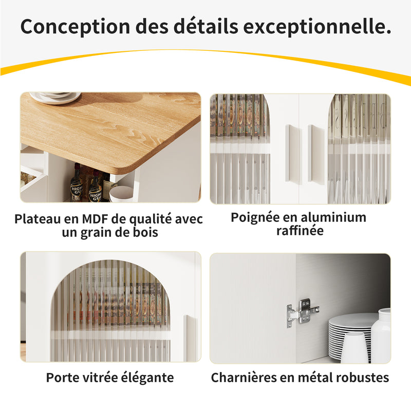 Îlot de Cuisine Mobile Extensible Blanc et Gris Argenté avec Plateau Rabattable et Rangement Vitré NUQNOIDS