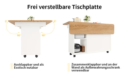 Îlot de Cuisine Mobile Extensible Blanc et Gris Argenté avec Plateau Rabattable et Rangement Vitré NUQNOIDS
