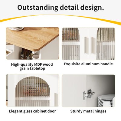 Îlot de Cuisine Mobile Extensible Blanc et Gris Argenté avec Plateau Rabattable et Rangement Vitré NUQNOIDS