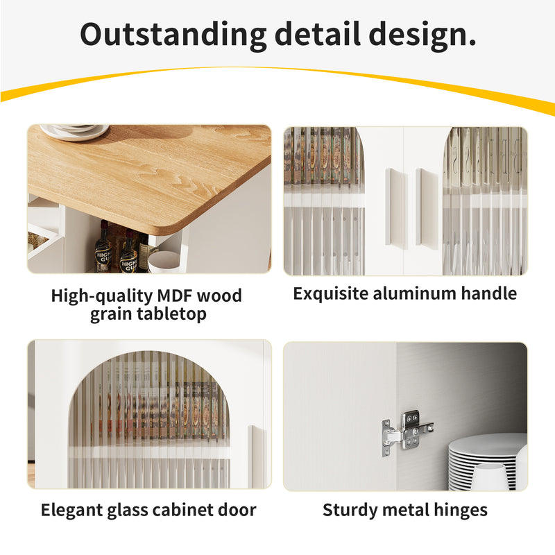 Îlot de Cuisine Mobile Extensible Blanc et Gris Argenté avec Plateau Rabattable et Rangement Vitré NUQNOIDS