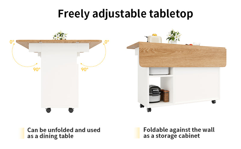 Îlot de Cuisine Mobile Extensible Blanc et Gris Argenté avec Plateau Rabattable et Rangement Vitré NUQNOIDS