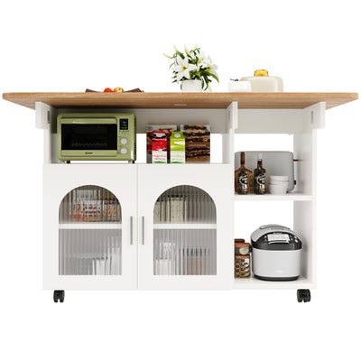 Îlot de Cuisine Mobile Extensible Blanc et Gris Argenté avec Plateau Rabattable et Rangement Vitré NUQNOIDS