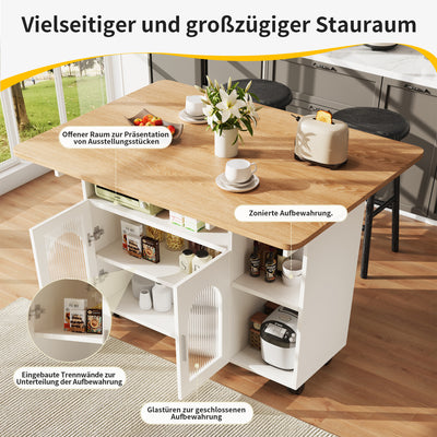 Îlot de Cuisine Mobile Extensible Blanc et Gris Argenté avec Plateau Rabattable et Rangement Vitré NUQNOIDS