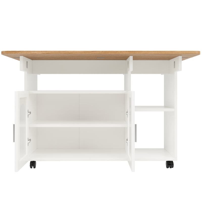 Îlot de Cuisine Mobile Extensible Blanc et Gris Argenté avec Plateau Rabattable et Rangement Vitré NUQNOIDS