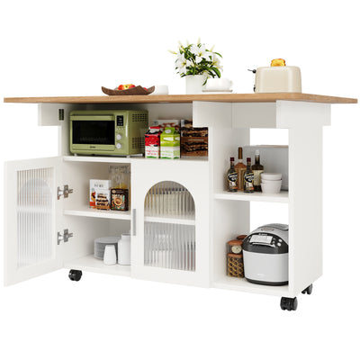 Îlot de Cuisine Mobile Extensible Blanc et Gris Argenté avec Plateau Rabattable et Rangement Vitré NUQNOIDS